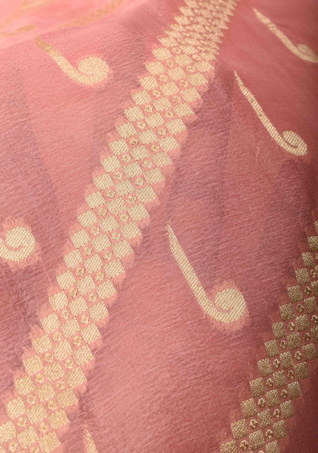 Peach Banarasi Diagonal Stripes Georgette Silk Saree with Muniya Buttis and Zari Border | SILK MARK CRTIFIED