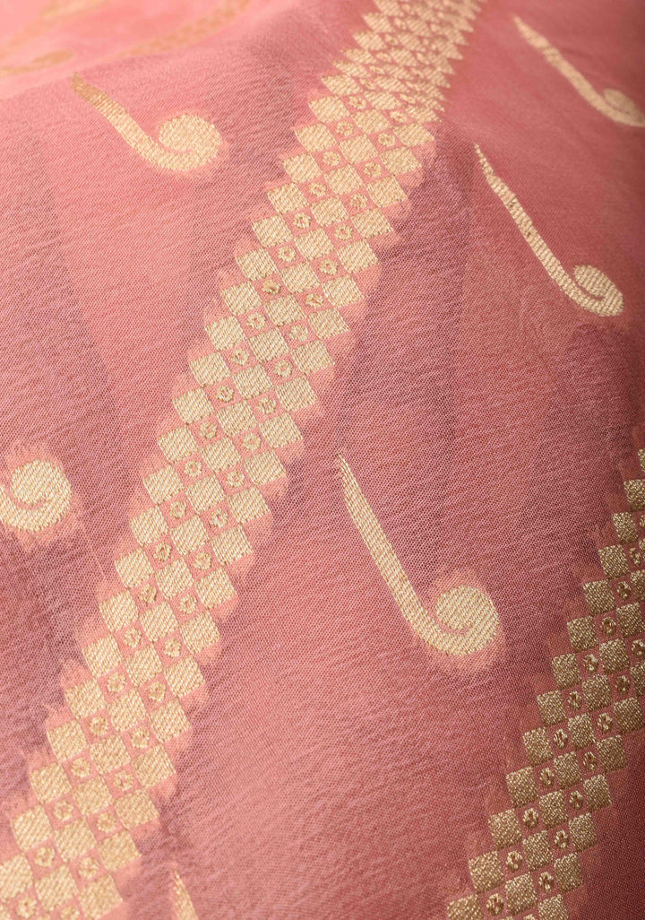 Peach Banarasi Diagonal Stripes Georgette Silk Saree with Muniya Buttis and Zari Border | SILK MARK CRTIFIED