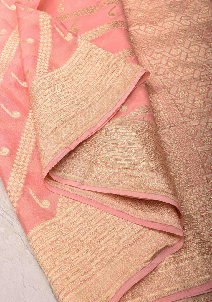 Peach Banarasi Diagonal Stripes Georgette Silk Saree with Muniya Buttis and Zari Border | SILK MARK CRTIFIED