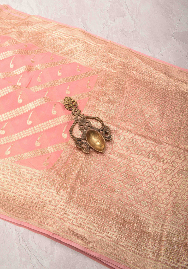 Peach Banarasi Diagonal Stripes Georgette Silk Saree with Muniya Buttis and Zari Border | SILK MARK CRTIFIED