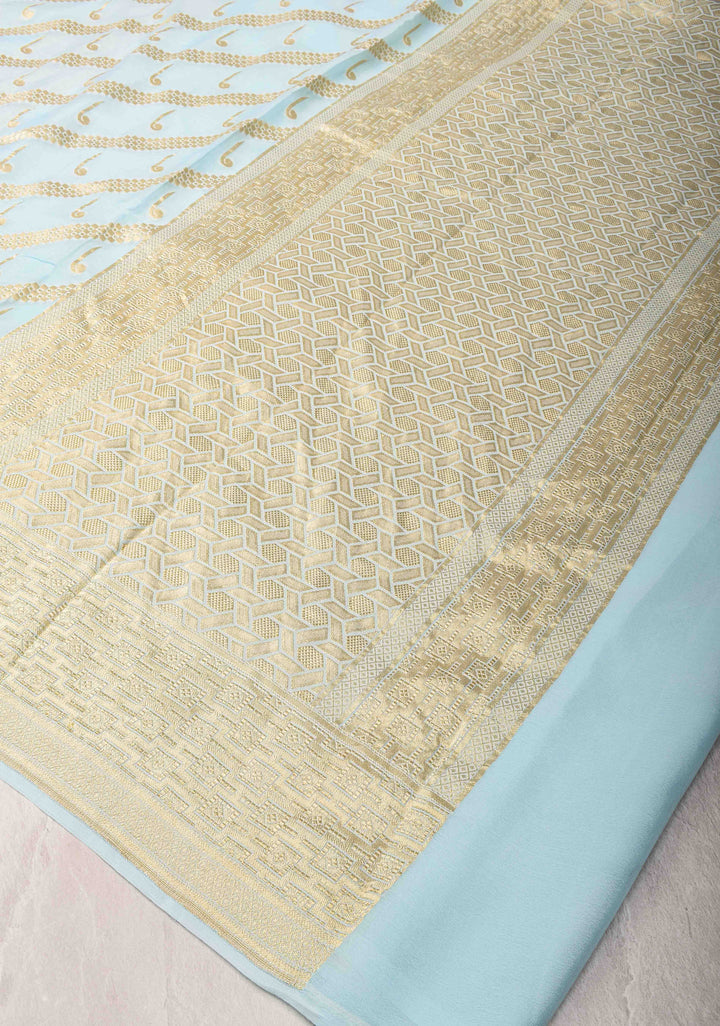 Powder Blue Banarasi Diagonal Stripes Georgette Silk Saree with Muniya Buttis and Zari Border | SILK MARK CRTIFIED