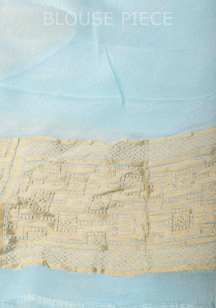 Powder Blue Banarasi Diagonal Stripes Georgette Silk Saree with Muniya Buttis and Zari Border | SILK MARK CRTIFIED