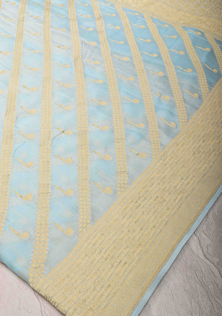 Powder Blue Banarasi Diagonal Stripes Georgette Silk Saree with Muniya Buttis and Zari Border | SILK MARK CRTIFIED