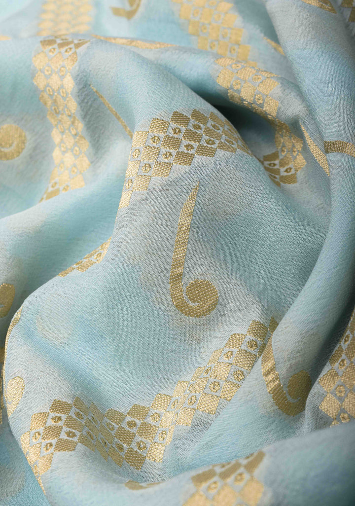 Powder Blue Banarasi Diagonal Stripes Georgette Silk Saree with Muniya Buttis and Zari Border | SILK MARK CRTIFIED