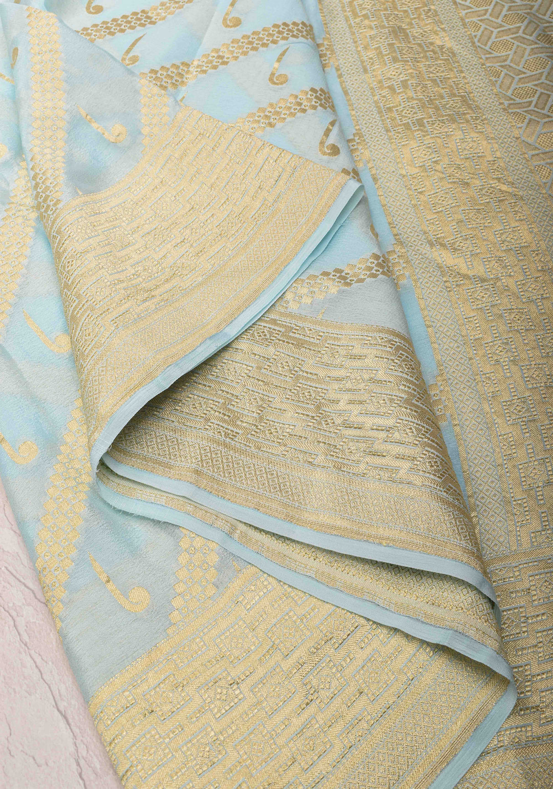 Powder Blue Banarasi Diagonal Stripes Georgette Silk Saree with Muniya Buttis and Zari Border | SILK MARK CRTIFIED
