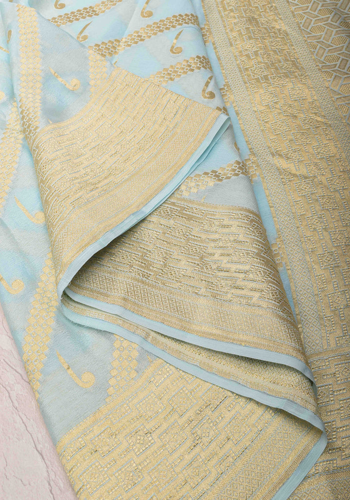 Powder Blue Banarasi Diagonal Stripes Georgette Silk Saree with Muniya Buttis and Zari Border | SILK MARK CRTIFIED