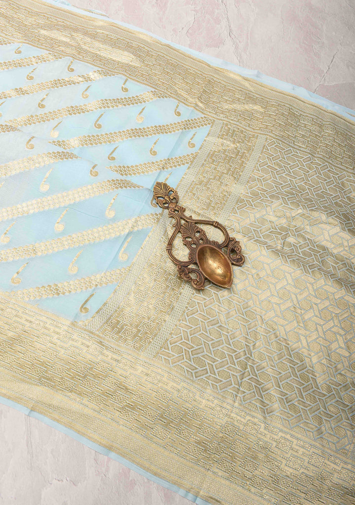Powder Blue Banarasi Diagonal Stripes Georgette Silk Saree with Muniya Buttis and Zari Border | SILK MARK CRTIFIED