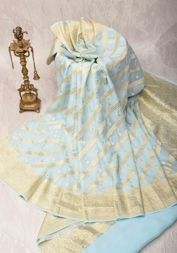 Powder Blue Banarasi Diagonal Stripes Georgette Silk Saree with Muniya Buttis and Zari Border | SILK MARK CRTIFIED