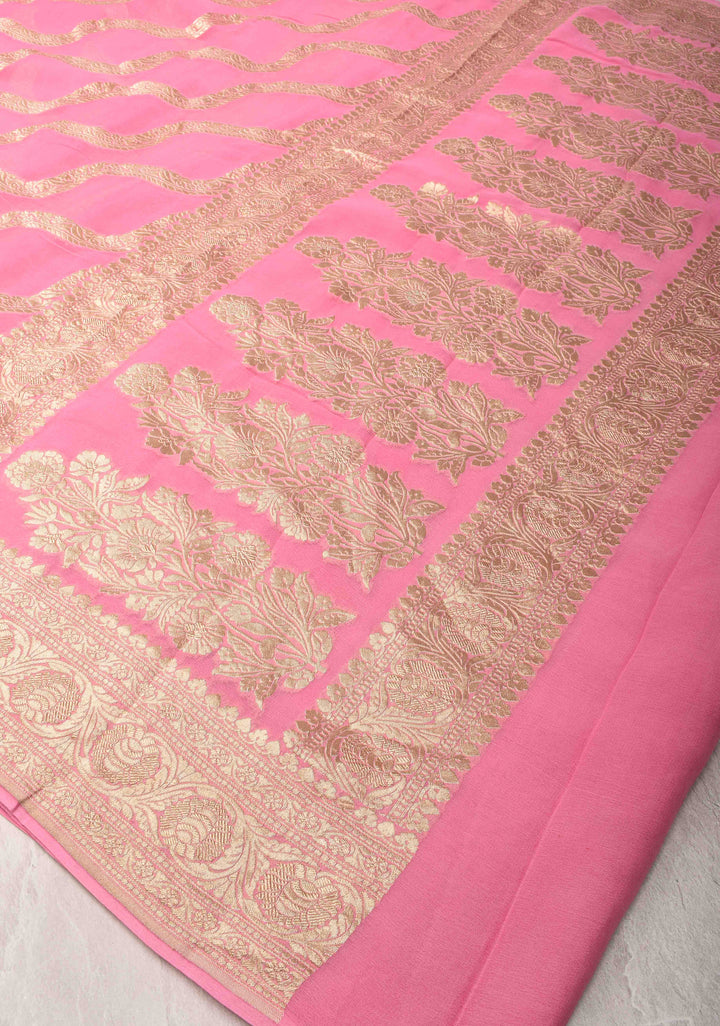 Pure Silk Georgett Saree in Pink with Leheria Pattern and Zari  Border | SILK MARK CERTIFIED