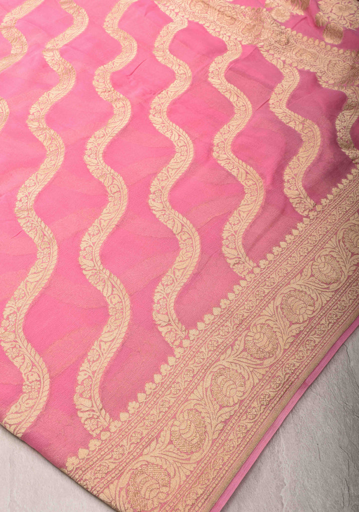 Pure Silk Georgett Saree in Pink with Leheria Pattern and Zari  Border | SILK MARK CERTIFIED