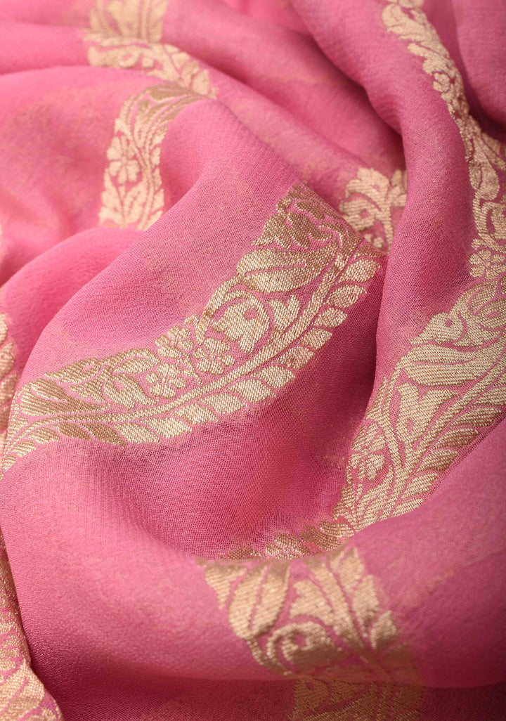 Pure Silk Georgett Saree in Pink with Leheria Pattern and Zari  Border | SILK MARK CERTIFIED