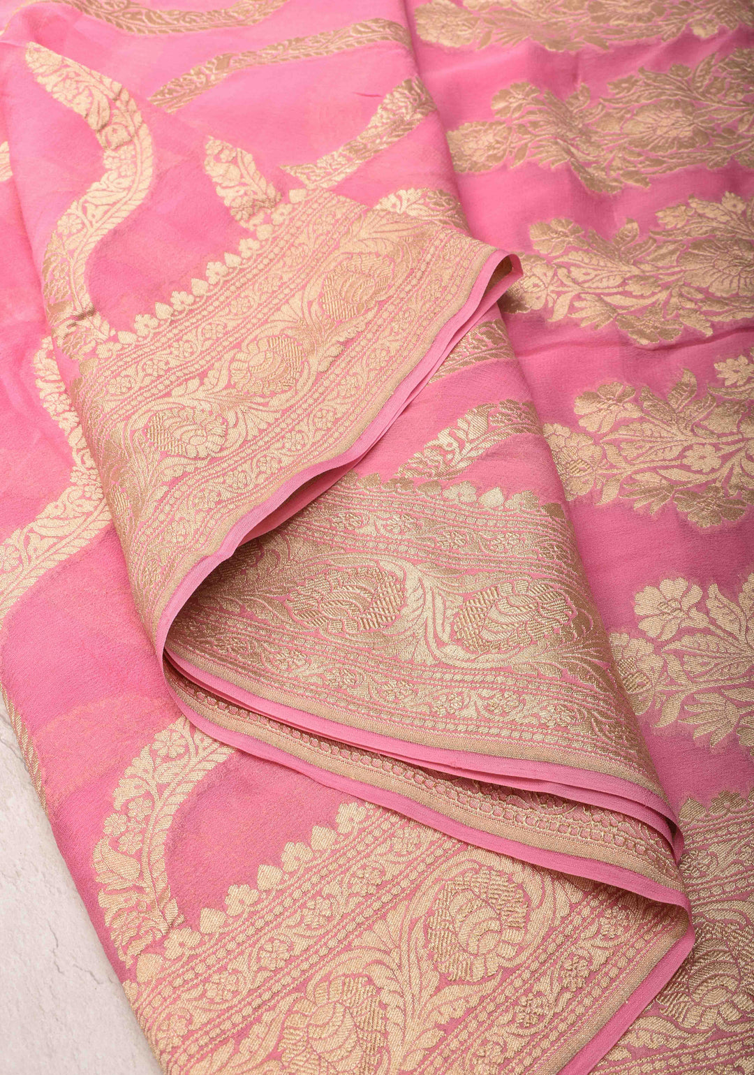 Pure Silk Georgett Saree in Pink with Leheria Pattern and Zari  Border | SILK MARK CERTIFIED