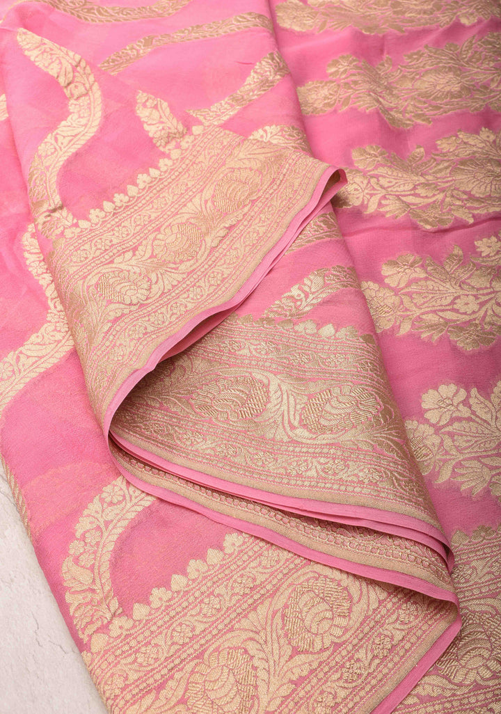 Pure Silk Georgett Saree in Pink with Leheria Pattern and Zari  Border | SILK MARK CERTIFIED