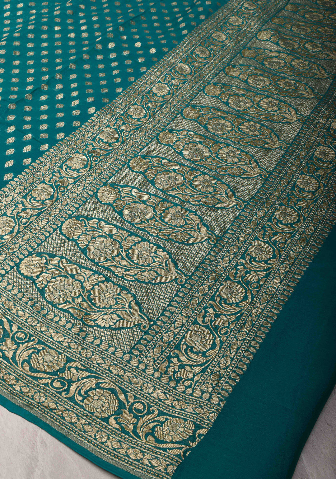 Authentic Banarasi Silk Georgette Saree in Dark Teal with Floral Butta and Zari Border | SILK MARK CERTIFIED