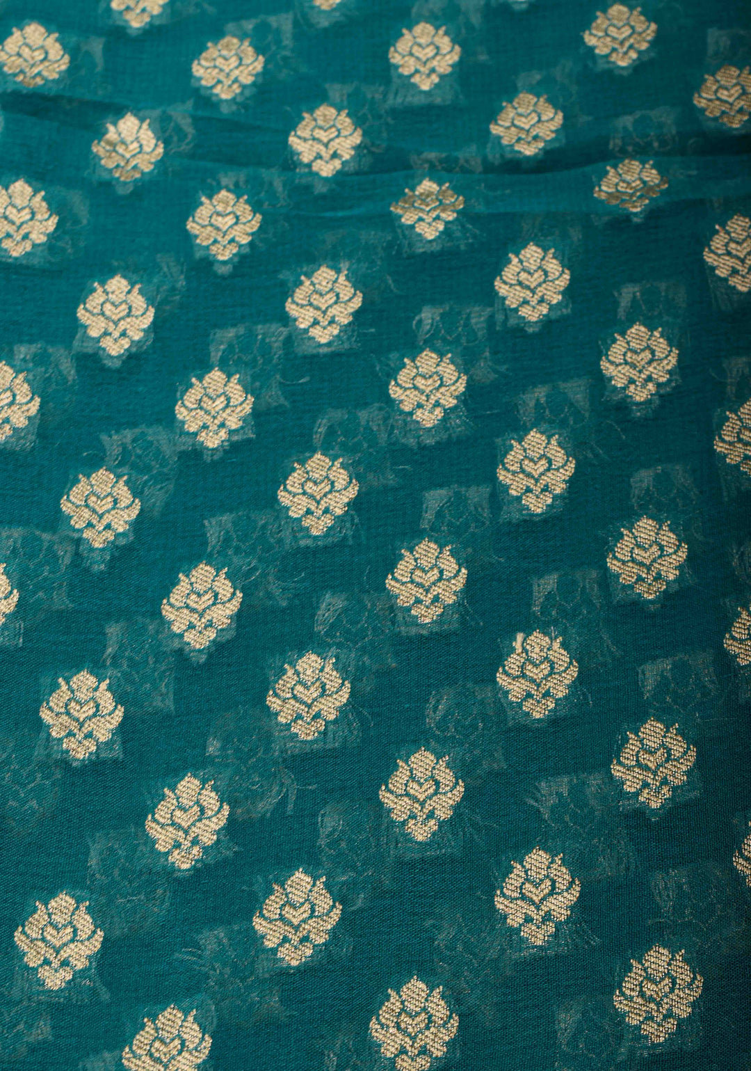 Authentic Banarasi Silk Georgette Saree in Dark Teal with Floral Butta and Zari Border | SILK MARK CERTIFIED