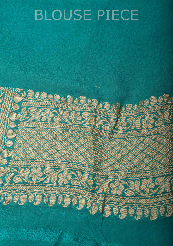 Exquisite Cyan Banarasi Georgette Silk Saree with Diagonal Zari Stripes and Zari Border | SILK MARK CERTIFIED