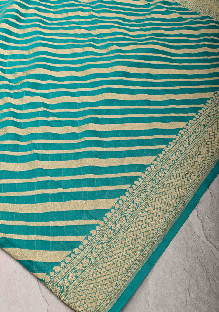 Exquisite Cyan Banarasi Georgette Silk Saree with Diagonal Zari Stripes and Zari Border | SILK MARK CERTIFIED