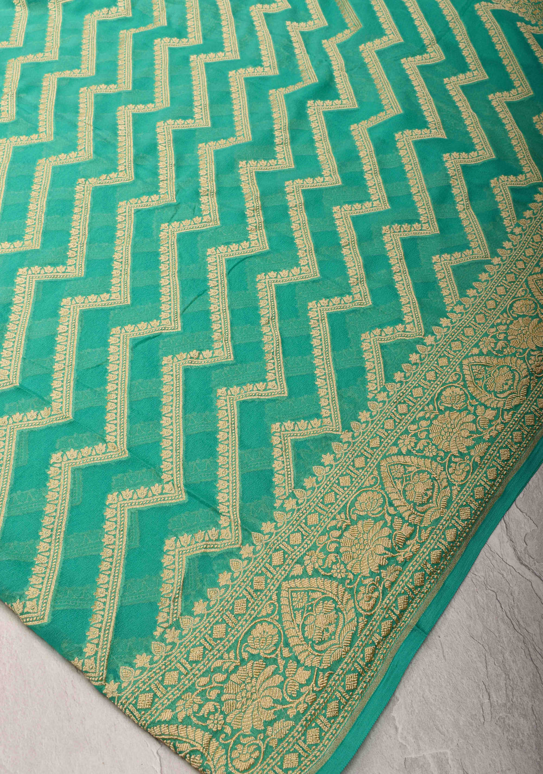 Sea Green Banarasi Georgette Silk Saree with Floral Chevron Pattern and Zari Border | SILK MARK CRTIFIED