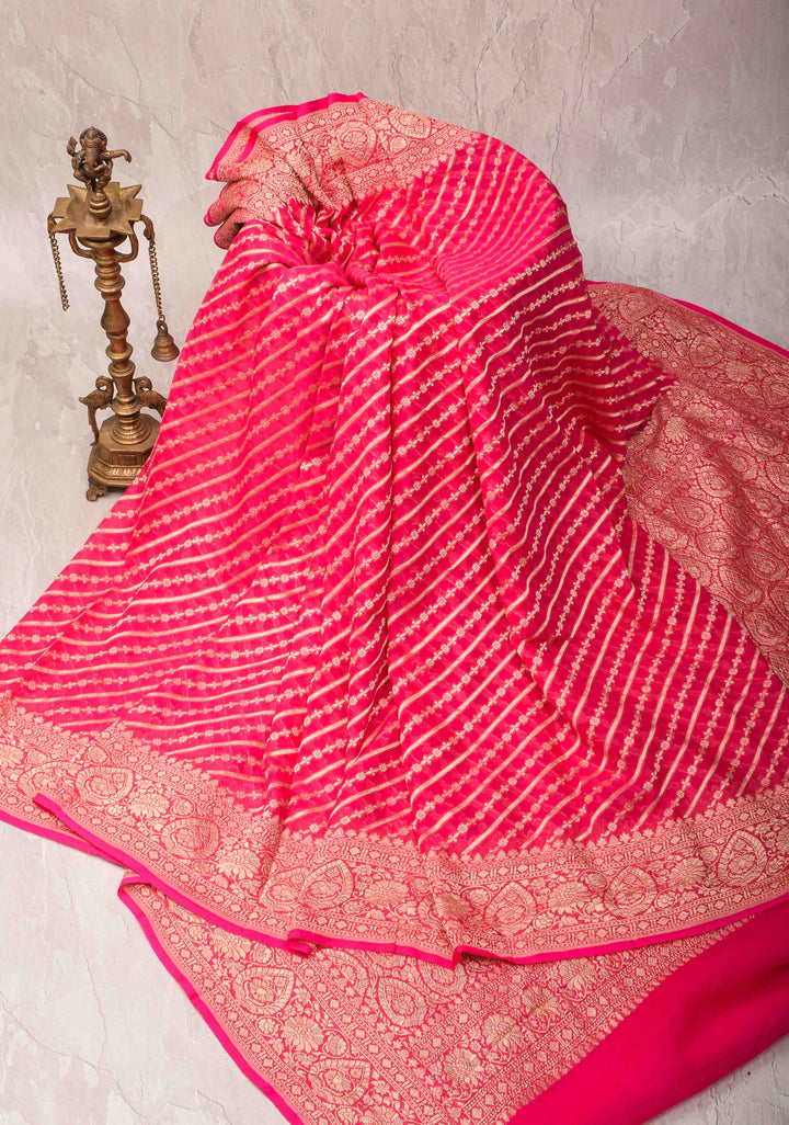 Exquisite StrawBerry Pink Banarasi Georgette Silk Saree with Diagonal Stripes Zari Stripes and Zari Border | SILK MARK CERTIFIED