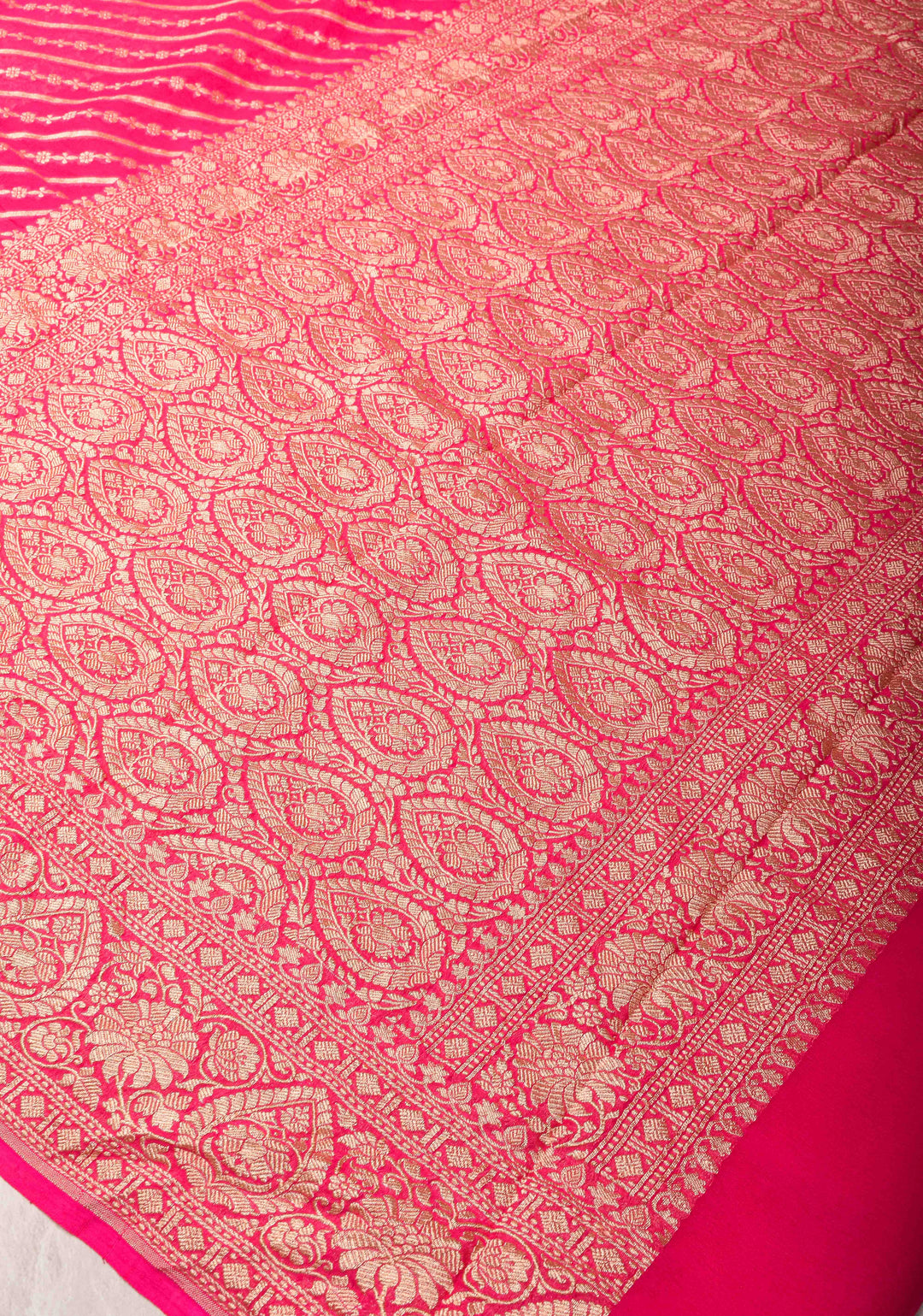 Exquisite StrawBerry Pink Banarasi Georgette Silk Saree with Diagonal Stripes Zari Stripes and Zari Border | SILK MARK CERTIFIED
