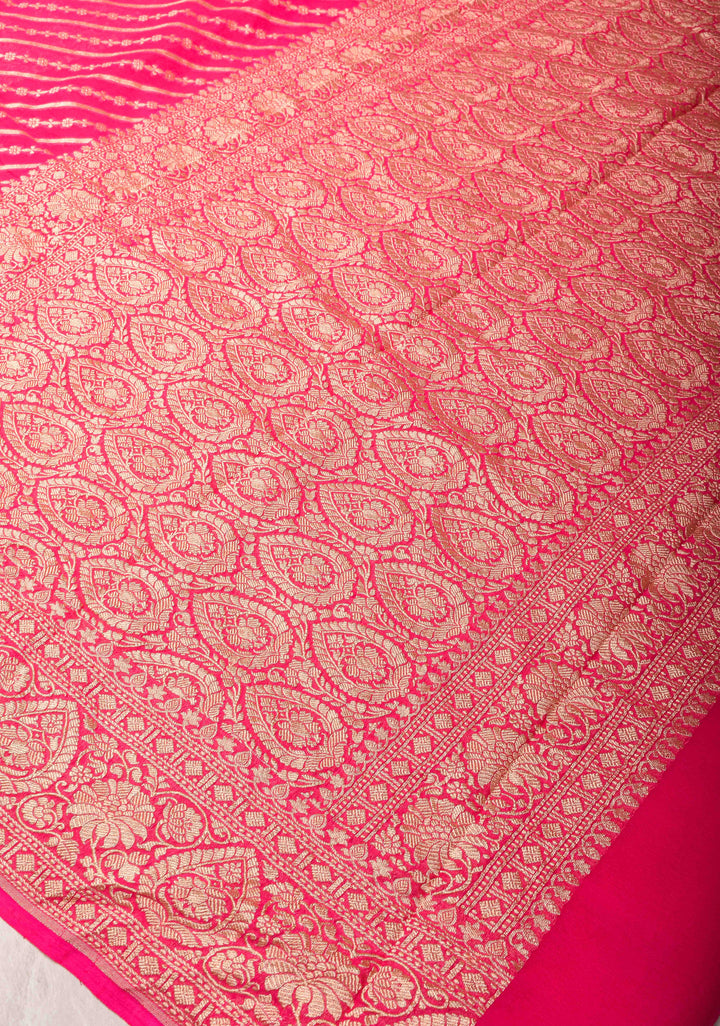 Exquisite StrawBerry Pink Banarasi Georgette Silk Saree with Diagonal Stripes Zari Stripes and Zari Border | SILK MARK CERTIFIED