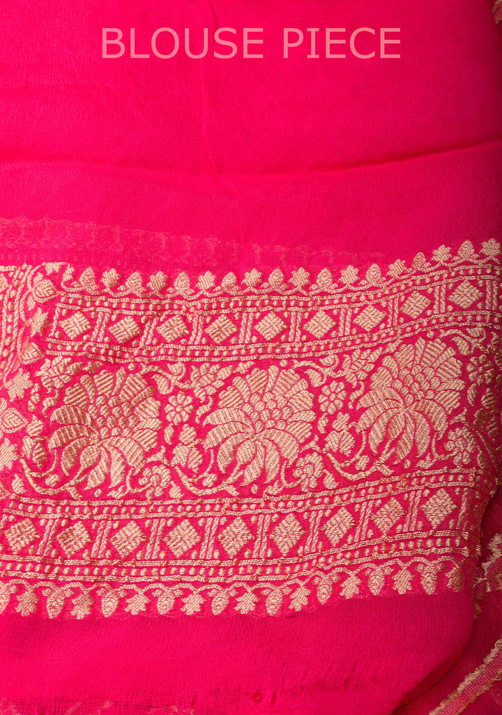Exquisite StrawBerry Pink Banarasi Georgette Silk Saree with Diagonal Stripes Zari Stripes and Zari Border | SILK MARK CERTIFIED