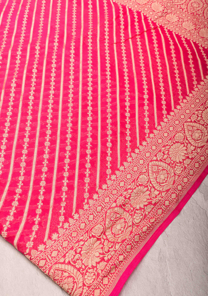 Exquisite StrawBerry Pink Banarasi Georgette Silk Saree with Diagonal Stripes Zari Stripes and Zari Border | SILK MARK CERTIFIED