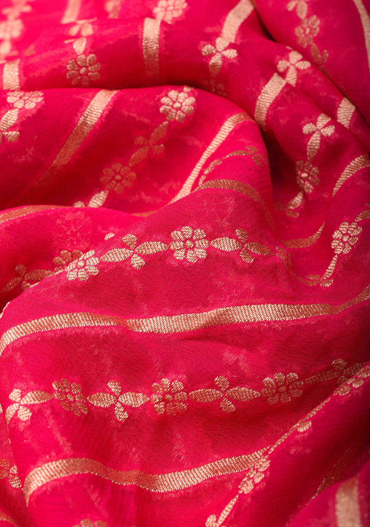 Exquisite StrawBerry Pink Banarasi Georgette Silk Saree with Diagonal Stripes Zari Stripes and Zari Border | SILK MARK CERTIFIED