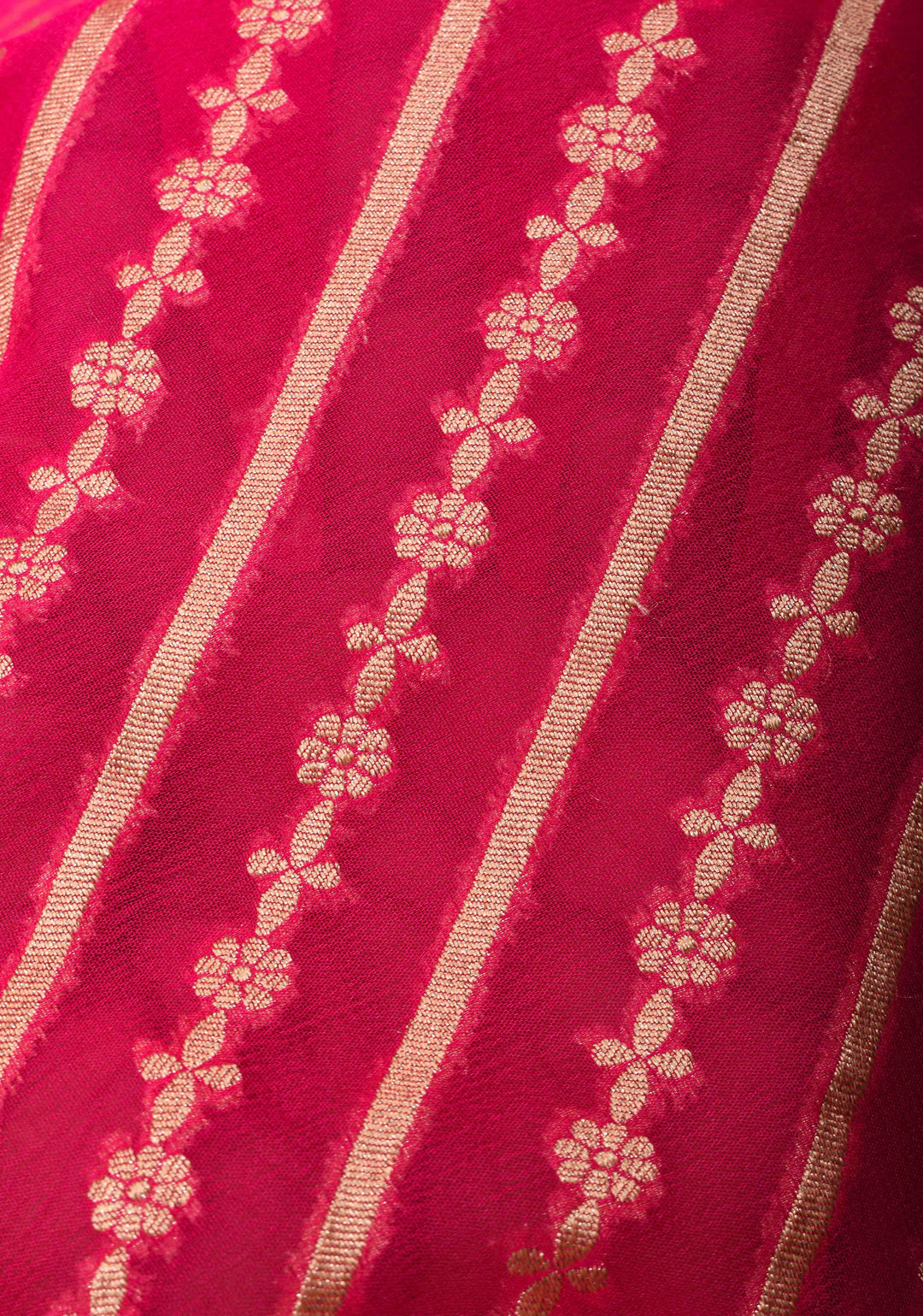 Exquisite StrawBerry Pink Banarasi Georgette Silk Saree with Diagonal Stripes Zari Stripes and Zari Border | SILK MARK CERTIFIED