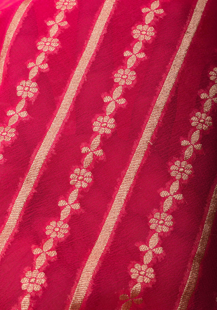 Exquisite StrawBerry Pink Banarasi Georgette Silk Saree with Diagonal Stripes Zari Stripes and Zari Border | SILK MARK CERTIFIED