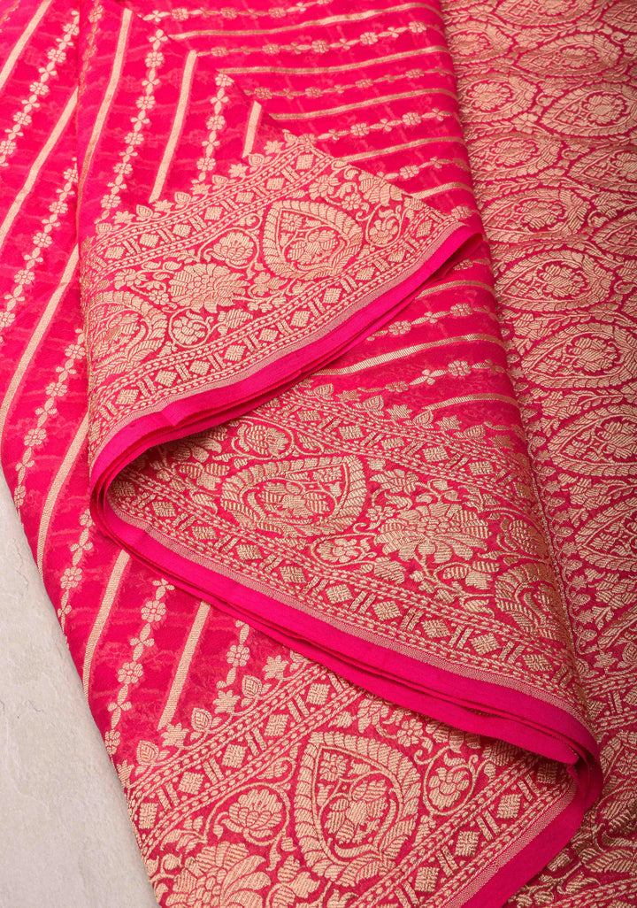 Exquisite StrawBerry Pink Banarasi Georgette Silk Saree with Diagonal Stripes Zari Stripes and Zari Border | SILK MARK CERTIFIED