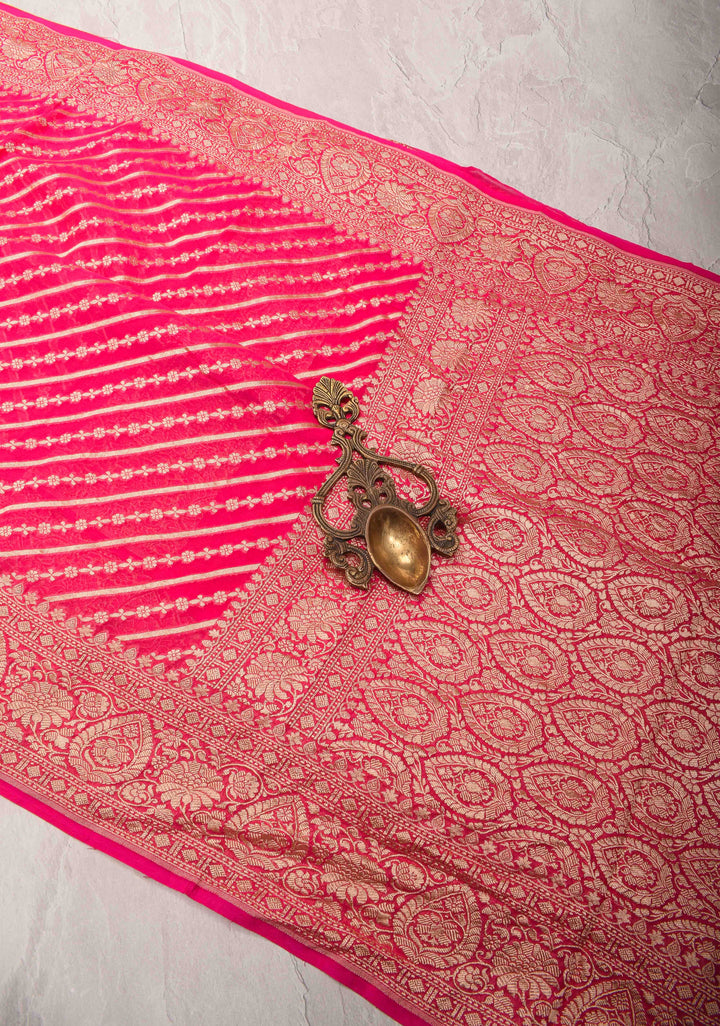 Exquisite StrawBerry Pink Banarasi Georgette Silk Saree with Diagonal Stripes Zari Stripes and Zari Border | SILK MARK CERTIFIED