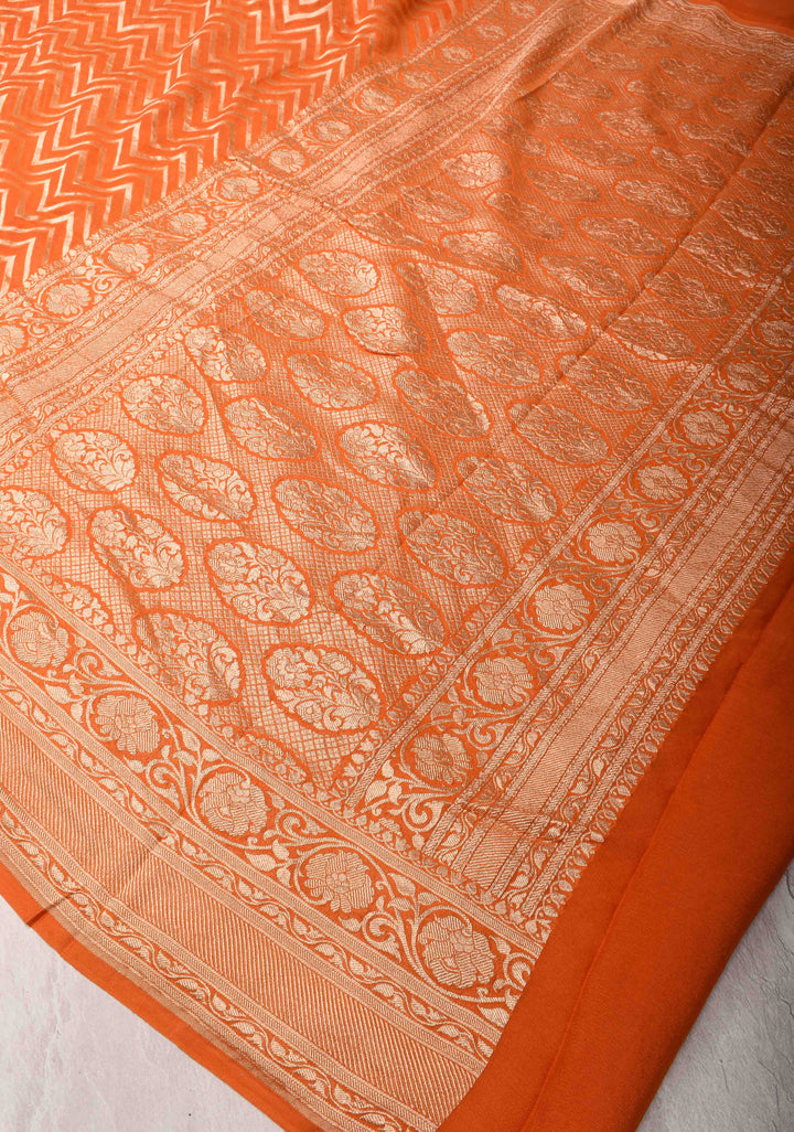 Orange Banarasi Georgette Silk Saree with Chevron Pattern and Zari Border | SILK MARK CRTIFIED