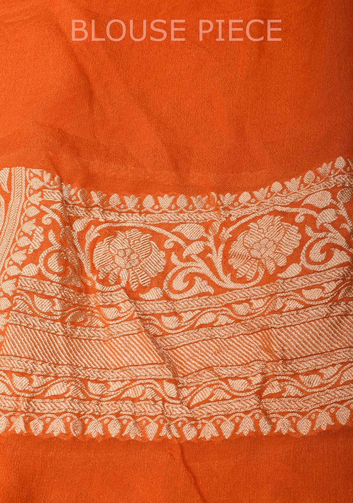 Orange Banarasi Georgette Silk Saree with Chevron Pattern and Zari Border | SILK MARK CRTIFIED