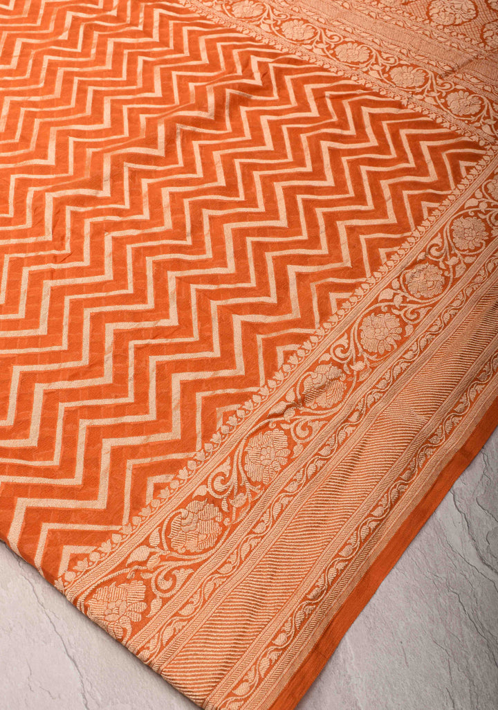 Orange Banarasi Georgette Silk Saree with Chevron Pattern and Zari Border | SILK MARK CRTIFIED