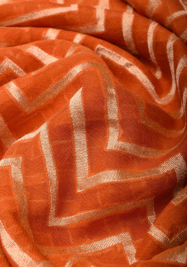 Orange Banarasi Georgette Silk Saree with Chevron Pattern and Zari Border | SILK MARK CRTIFIED