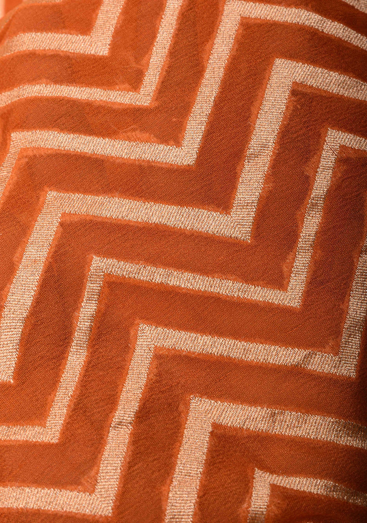 Orange Banarasi Georgette Silk Saree with Chevron Pattern and Zari Border | SILK MARK CRTIFIED