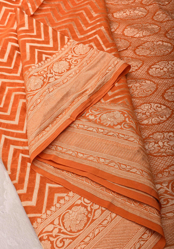 Orange Banarasi Georgette Silk Saree with Chevron Pattern and Zari Border | SILK MARK CRTIFIED