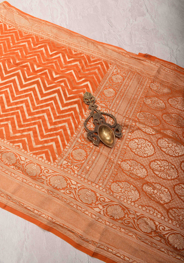 Orange Banarasi Georgette Silk Saree with Chevron Pattern and Zari Border | SILK MARK CRTIFIED
