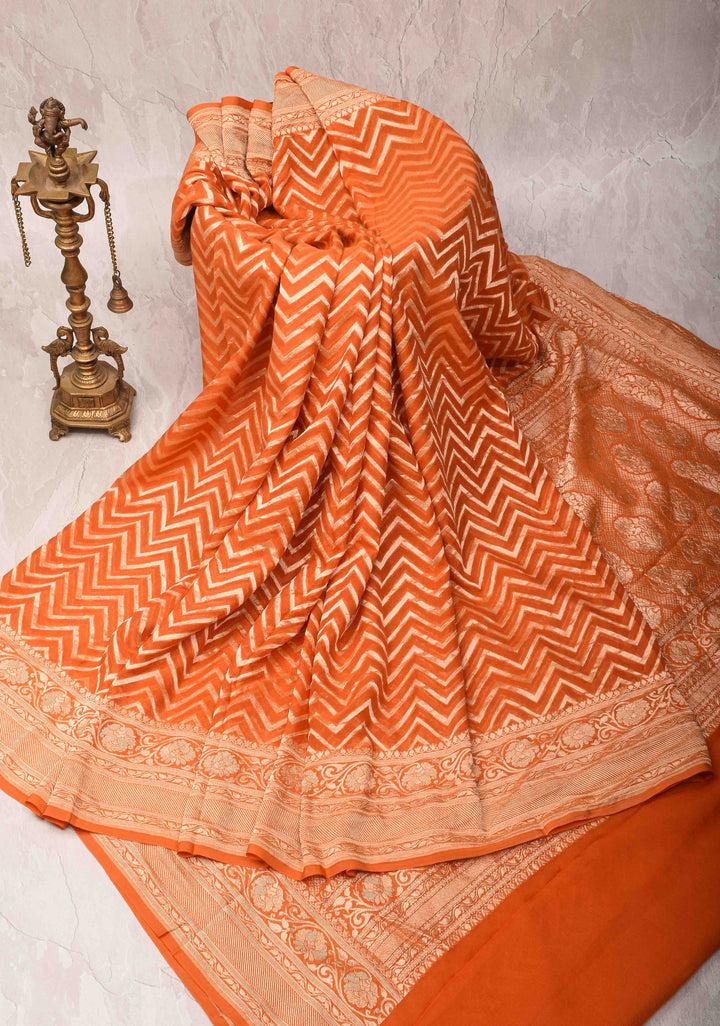 Orange Banarasi Georgette Silk Saree with Chevron Pattern and Zari Border | SILK MARK CRTIFIED