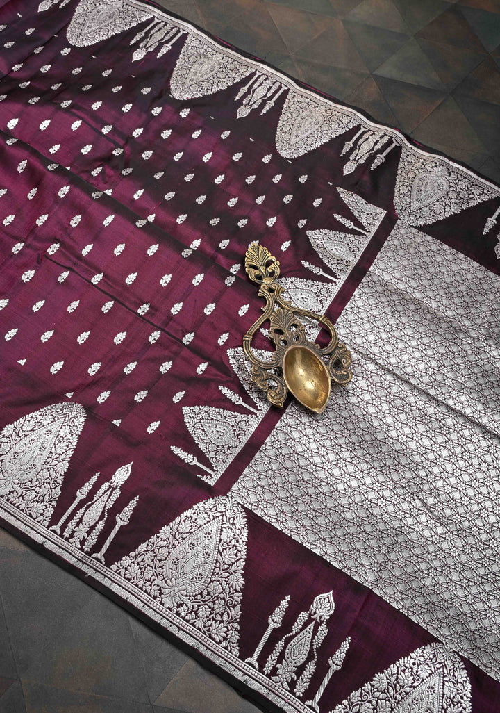Plum Dual tone Mashru Silk Saree with Zari Butis and Silver Scalloped Border | SILK MARK CERTIFIED