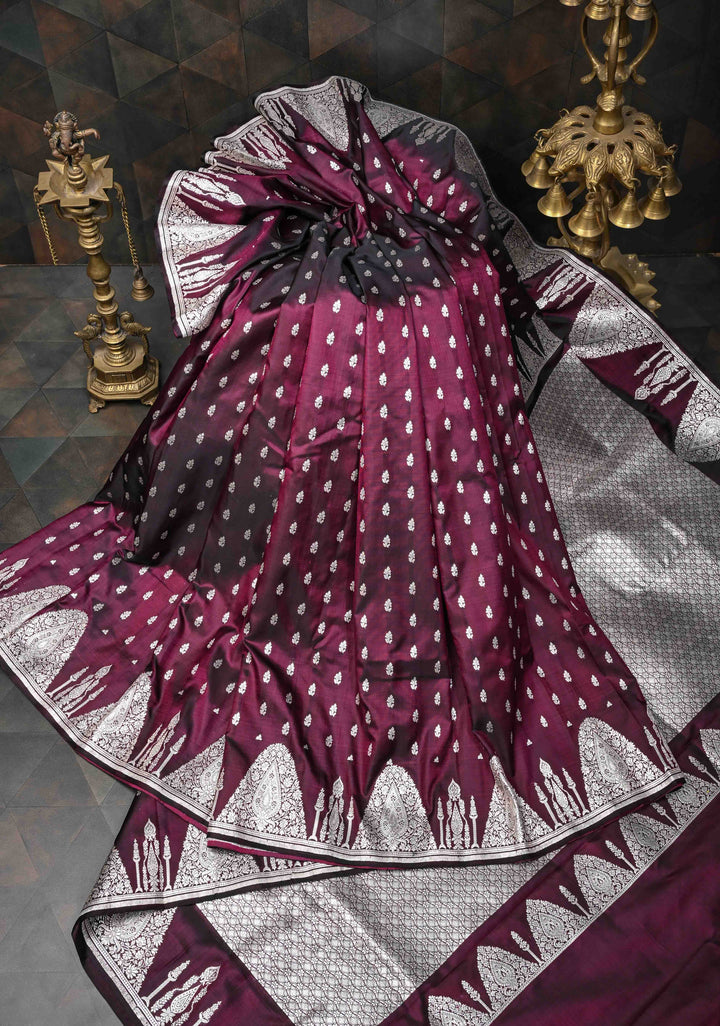 Plum Dual tone Mashru Silk Saree with Zari Butis and Silver Scalloped Border | SILK MARK CERTIFIED