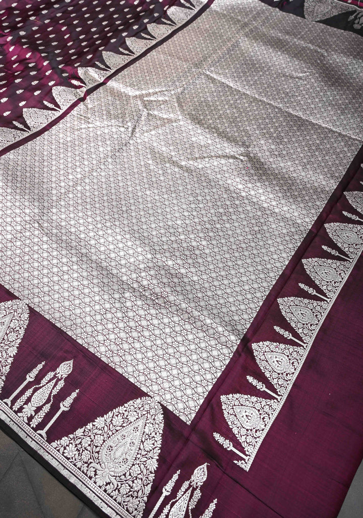 Plum Dual tone Mashru Silk Saree with Zari Butis and Silver Scalloped Border | SILK MARK CERTIFIED