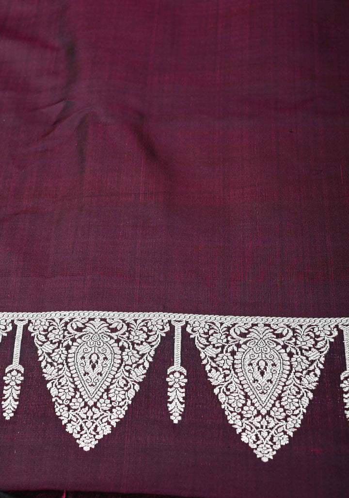 Plum Dual tone Mashru Silk Saree with Zari Butis and Silver Scalloped Border | SILK MARK CERTIFIED
