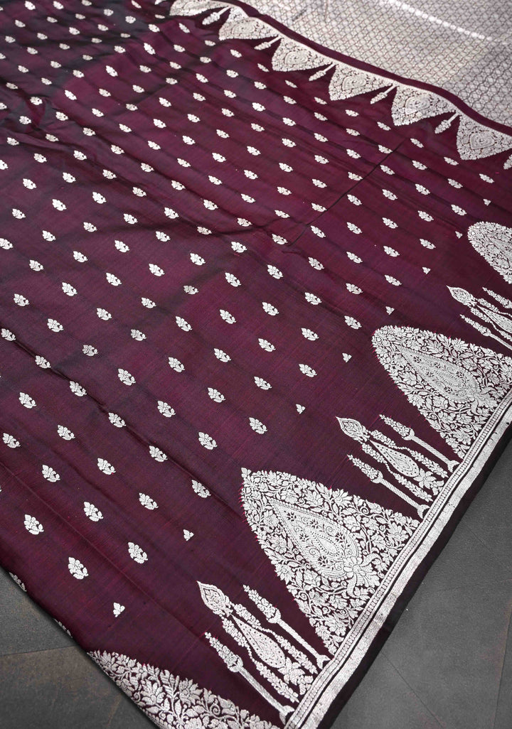 Plum Dual tone Mashru Silk Saree with Zari Butis and Silver Scalloped Border | SILK MARK CERTIFIED