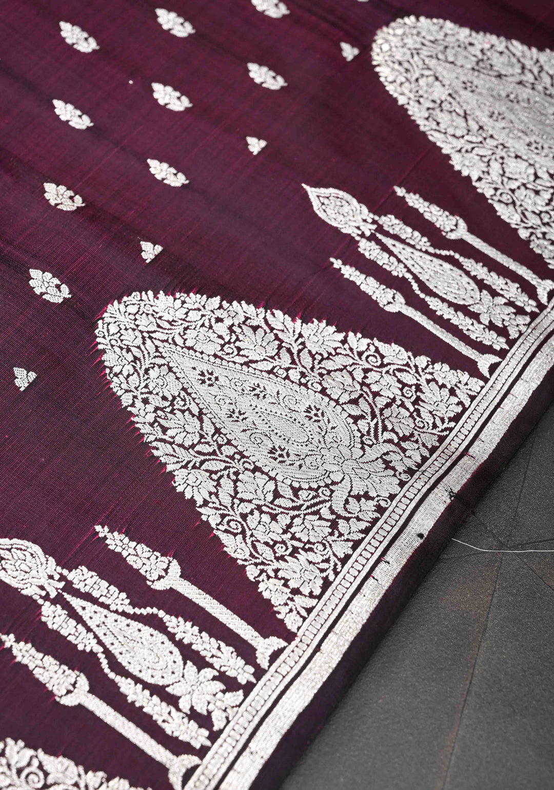 Plum Dual tone Mashru Silk Saree with Zari Butis and Silver Scalloped Border | SILK MARK CERTIFIED
