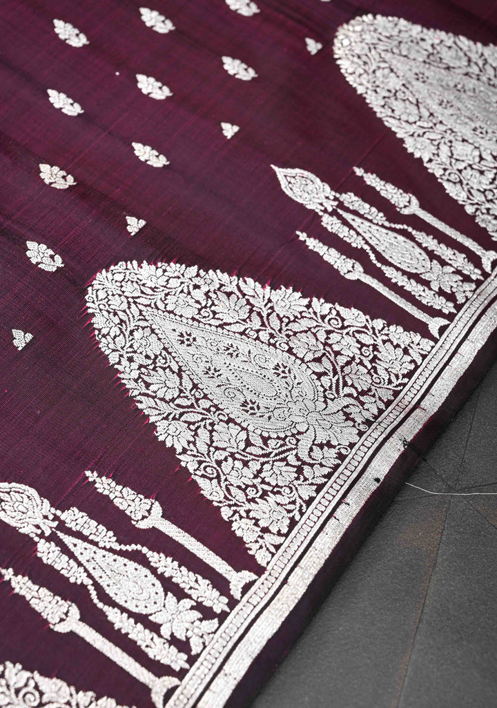 Plum Dual tone Mashru Silk Saree with Zari Butis and Silver Scalloped Border | SILK MARK CERTIFIED