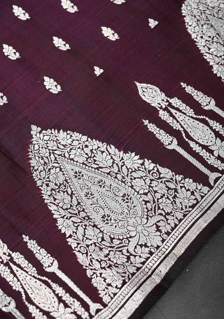 Plum Dual tone Mashru Silk Saree with Zari Butis and Silver Scalloped Border | SILK MARK CERTIFIED