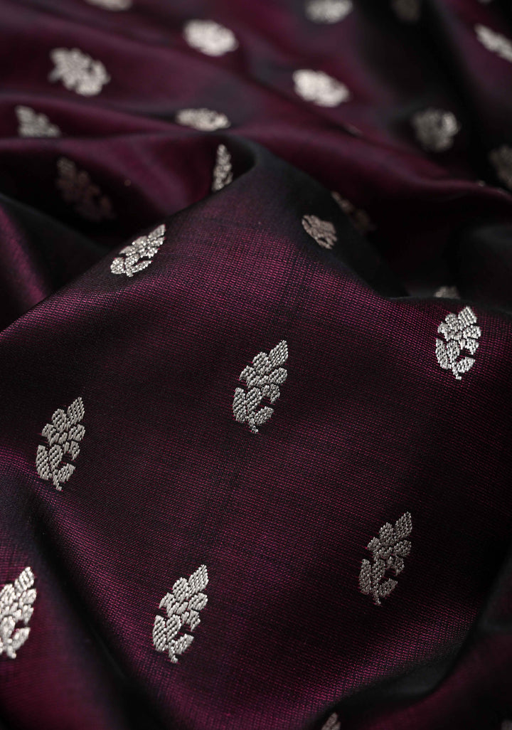 Plum Dual tone Mashru Silk Saree with Zari Butis and Silver Scalloped Border | SILK MARK CERTIFIED