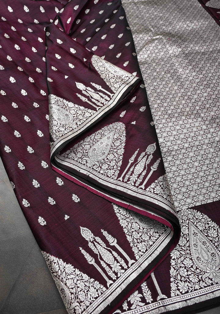 Plum Dual tone Mashru Silk Saree with Zari Butis and Silver Scalloped Border | SILK MARK CERTIFIED